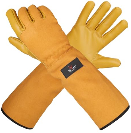 HMH Leather Gardening Gloves For Women - Heavy Duty Work Gloves Men - Dexterity Gloves – Thorn Proof Safety garden gloves mechanic builders (Brown Long, Large)