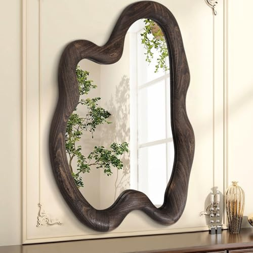 AAZZKANG Großer Vintage-Wandspiegel mit Holzrahmen, unregelmäßige Hängespiegel, 70 x 50 cm, asymmetrisch, für Badezimmer, Schlafzimmer, Wohnzimmer, Eingangsbereich, Braun