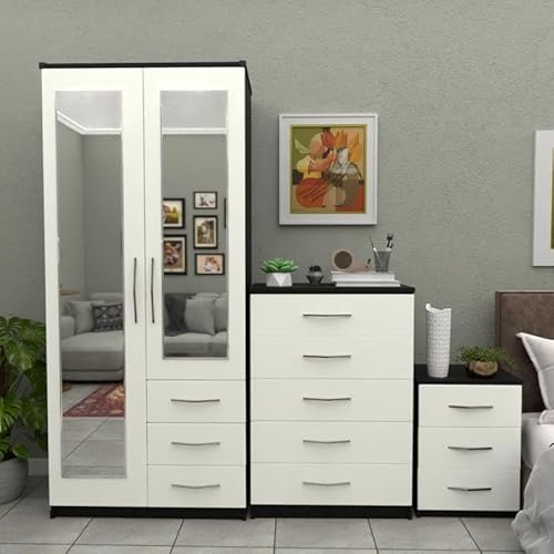 Ready 3-Piece Bedroom Furniture Set, 2-Door Mirrored Wardrobe with Drawers, 5-Drawer Chest, 3-Drawer Bedside Table (White and Black)