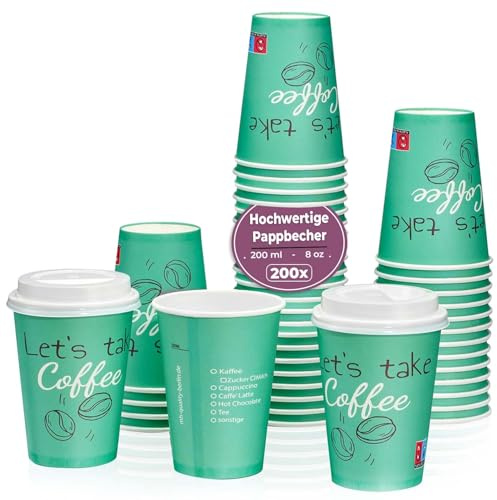 MH QUALITY Kaffeebecher To Go 200ml / 8 Oz - 200 Stück Premium Einweg Pappbecher Ohne Deckel für Kaffee | Hochwertige Coffee To Go Becher | Grün
