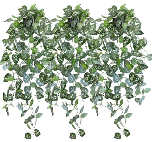 LOYWREE 3 macetas pequeñas para colgar, plantas artificiales de hiedra sintética en maceta negra, potos colgantes para estantes, hogar, oficina, interior, exterior, jardín, casa, decoración de boda