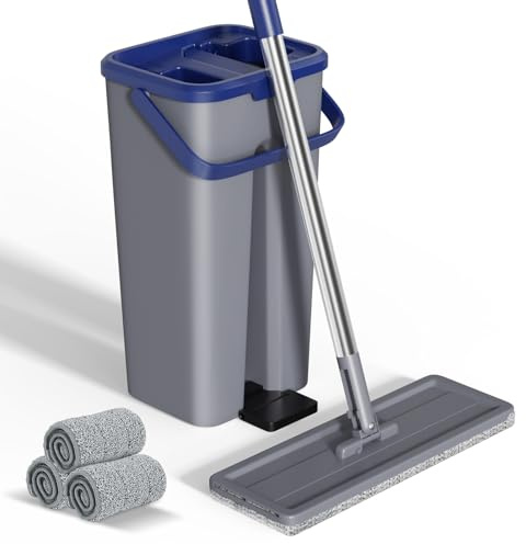 Eukue Wischmopp Set mit Eimer, Mikrofaser Bodenwischer Mop Set mit Auswringfunktion, 2 in 1 Putzeimer mit Wischmop, Wischer mit Einstellbar Edelstahlgriff und 3 Mikrofaser Moppkopf für Alle Boden