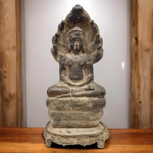 Figura de Buda de bronce sentado con la serpiente Naga – Antigua estatua asiática del templo tailandés – Figura decorativa hecha a mano estilo jemer para meditación y salas zen