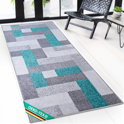 Floordirekt Teppich Läufer New York - Teppichläufer auf Maß - Meterware, Flurteppich, Küchenläufer, Teppich für Küche, Flur & Wohnzimmer Türkis (80 x 200 cm)