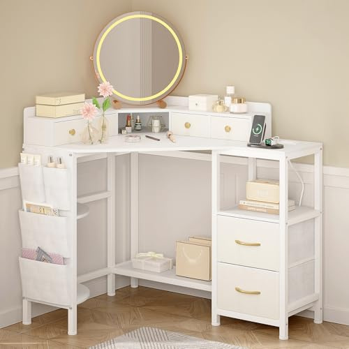 Espelism Corner Vanity Desk with Charging Station, 49.6 Makeup Table with Fabric Drawers & Side Pocket, Space-Saving Dressing Table for Small Space Bedroom Dorm(White)