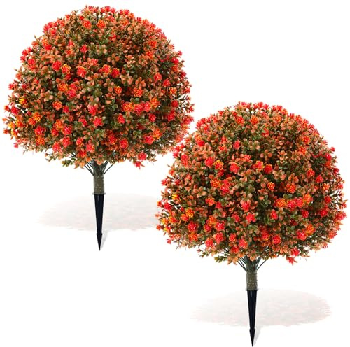 Yunlly Set of 2 Artificial Boxwood Topiary Ball Tree 27 Outdoor Boxwood Balls with Flower Faux Bush UV Resistance Fake Shrub Plant with Spike for Garden Porch Patio Decor(Fall Orange,27x18inch)