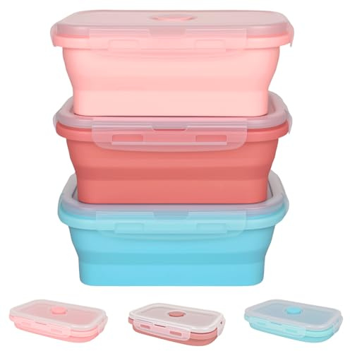 bssmmai 3 Stk Faltbare Frischhaltedosen mit Deckel, 500ML Faltbare Brotdosen Set, Faltbar Silikon Frischhalteboxen Lunchbox Bento Box Behälter für Camping Wandern Reisen