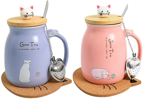Thuro 2er-Pack Katze Becher,Kaffeetasse mit deckel,Löffel,Teefilter und Untersetzer,Niedliche Morning Cup Kaffee-Milch Tee-Becher Weihnachten Geschenk für Katzenliebhaber Frauen,Rosa+Lila,380ML