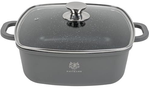 KARL HAUSMANN Schmortopf 24 cm 4.4 L mit Deckel, Aluguss Topf Induktion | PFLUON COOKMARK MARBLE antihaftbeschichteter Aluminiumtopf mit Deckel, Induktion und Backofen bis 220°C