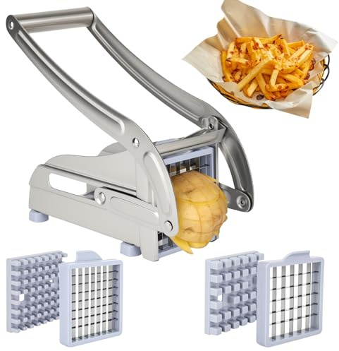 ZHLIMY Pommesschneider Edelstahl, Pommespresse, Kartoffelschneider Scheiben mit 2 Klingengrößen (36/64 Raster), Pommes Schneider Gerät mit Rutschfester Gummibasis, Pommes Maschine, Pommes Presse