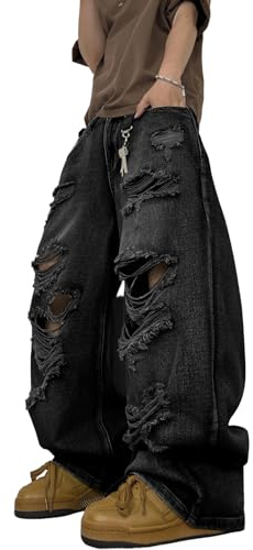 Zewool Jeans larghi da uomo, stile hip hop, strappati, gamba larga, vintage, Y2k, denim, XS