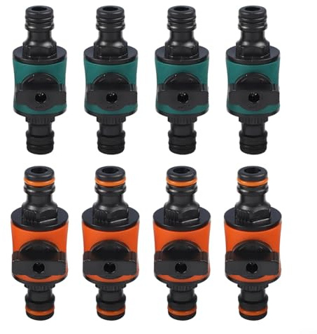 Set di 8 connettori a due vie per tubo da giardino con funzione di sgancio rapido e valvola di spegnimento integrata per una gestione efficiente del flusso d'acqua