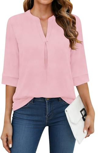 WNEEDU Maglietta Donna a Manica 3/4 Scollo V - T-Shirt Estivo Basic Eleganti Top Rosa L