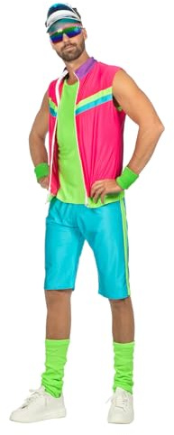 WILBERS & WILBERS - Neon Aerobic Outfit Herren | 3-teiliges 80er Jahre Fitnesskostüm, Shorts, Shirt, Jacke, für Karneval