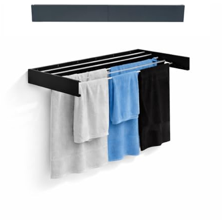 MOHOME Stendibiancheria da Parete in Ferro Retrattile Pieghevole Stendino da Balcone a Scomparsa da Muro Stendipanni Interno Esterno 80x40x10 cm Salvaspazio 5 Barre in Alluminio Kit Montaggio Incluso