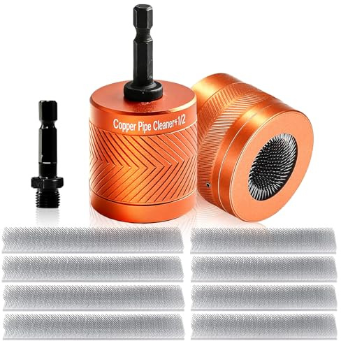 KutaKuta 1/2 & 3/4 Copper Pipe Cleaner Set with 8 Brush Blades, New Professional Plumbing Tools with 1/4 Hex Shank, 15+22mm Drill Tube Cleaning Brush for Removing Rust Stains Paint