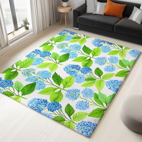 Genérico Alfombra de Cocina y Pasillo para Mujeres, Poliéster Gigante, Diseño de Hortensias Azules Floral Botánico Natural, 180x240cm, Lavable y Antideslizante