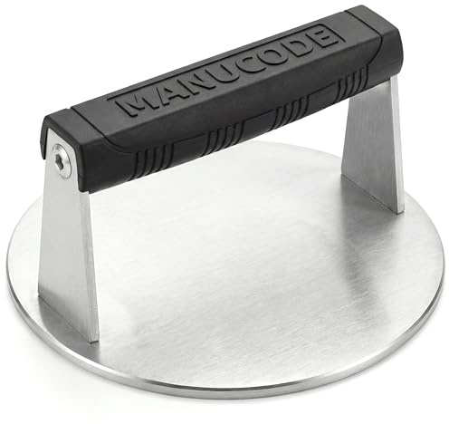Manucode Smash Burger Press, Dishwasher Safe 304 Stainless Steel, 18 cm | Heat resistant burger smasher, 1.22 kg steak weight for grill and griddle cooking, sears smash burgers and bacon evenly