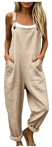 Udbeksid Salopette Donna Estiva Lunga in Lino, Tuta Intera Elegante Stampa Boho Chic, Tuta Pantaloni Baggy Curvy con Tasche e Bretelle, Jumpsuit Gamba Larga Leggera Comoda per Mare Vacanza