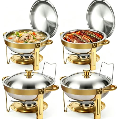 4 Pack Chafing Dish, 4.5L Round Food Warmer Buffet Server, Stainless Steel Chafing Dishes with Lid & Lid Holder, Food Warmers for Catering Buffet, Parties, Weddings (4Pcs Golden Circle)