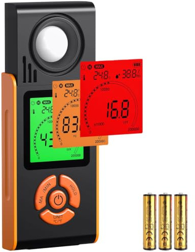 BOBOVAV Light Meter for Plants, 0~200000 Lux, 3 Color Backlit LCD & Lightweight Multi-Function Lux Meter with Unit Switching, MAX/MIN & Data Hold Function for Plants, Photography, Home