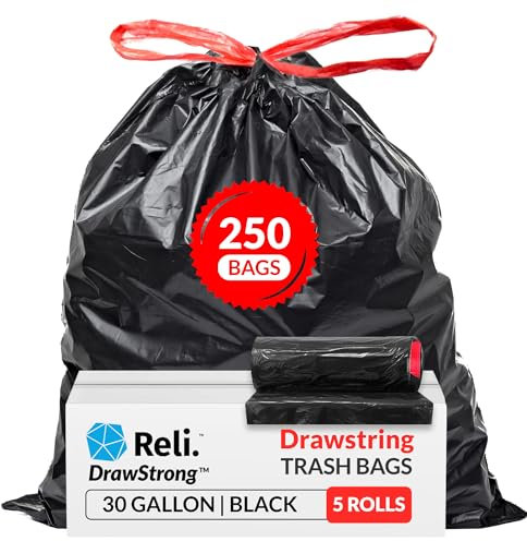 Reli. 30 Gallon Trash Bags Drawstring | 250 Count Bulk | Black | 30 Gallon Garbage Bags Heavy Duty | Large