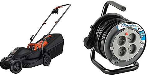 BLACK+DECKER Tondeuse Filaire 1000W, Tondeuse à Gazon Electrique 32 cm & Electraline 208612 Rallonge Prolongateur électrique 15 m avec enrouleur 4 Prises 16 A section 3G1,5 mm² Gris