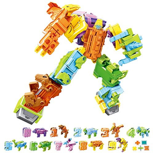 TUNJILOOL Dinosaurier Spielzeug Transforming Dino Roboter Toys, 20Packs Dino Number Dinobots Math DIY Dinosaur Educational Deformation Toys f��r Jungen Kinder ab 6+