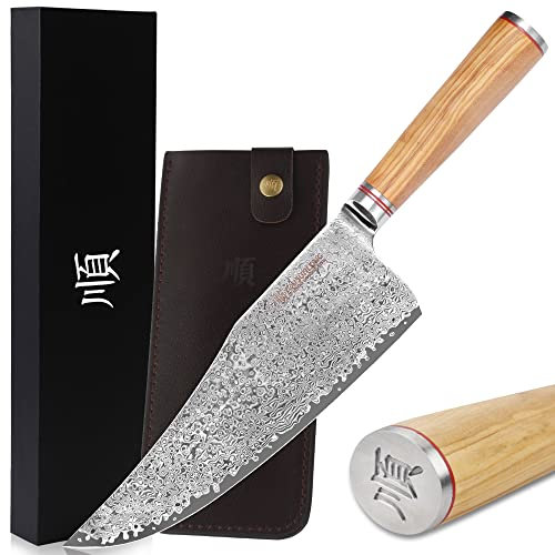 YOUSUNLONG Cuchillo de carnicero - Cuchillo de carnicero de 22,86 cm - Acero Damasco martillado japonés - Muy afilado - Mango de madera de olivo italiano - Funda de cuero