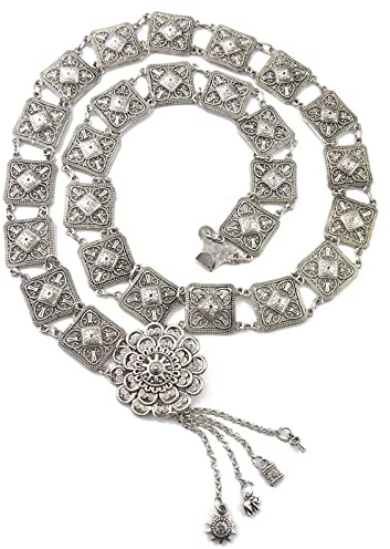 KnSam Kettengürtel 70er Jahre, Vintage Geschnitzt Sexy Kette Damen Erotisch Silber Taillenkettengürtel Taillenkette Körperschmuck für Frauen und Mädchen, Länge 110CM