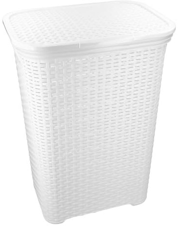 HRB Wäschekorb mit Deckel Rattan 65 Liter, Wäscheaufbewahrung aus Kunststoff, Wäsche Sortierer (Weiß)