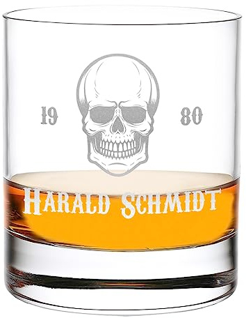 polar-effekt Whiskyglas Kristall Tumbler 315 ml mit Wunschgravur Motiv Totenkopf - individuelles Trink-Glas mit Namen - geeignet für Cocktails, Rum, Bourbon und Wasser - perfektes Männergeschenk