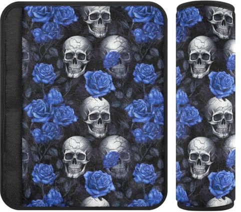 CHIFIGNO Sicherheitsgurtabdeckung, schwarze Totenköpfe mit blauen Rosen, 2 Stück, Auto-Sicherheitsgurtkissen, weiches Schulterpolster, Auto-Innenzubehör, schützt Ihren Nacken und Schulter, Größe M