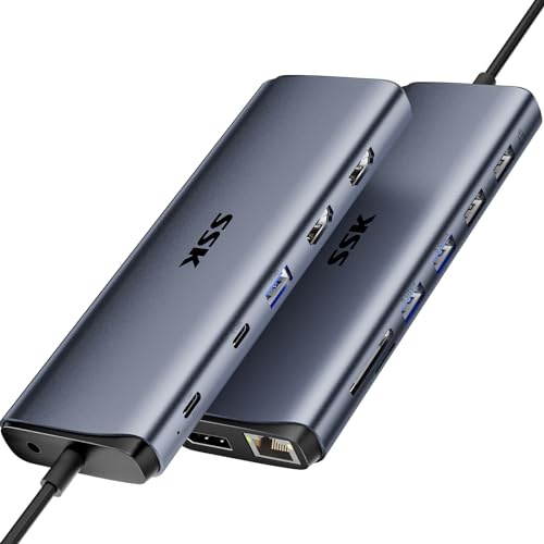 SSK 8K USB C-docka för Thunderbolt 4, dockningstation 3 skärmar, 10 Gbps USB C-hubb dubbel HDMI, displayport, Ethernet, 100 W PD, mikrofon/ljud, USB C&A 3.2 Gen 2-port