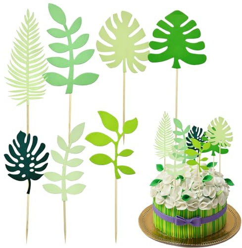 Lot de 14 feuilles tropicales personnalisées pour gâteau - Feuilles de palmier artificielles pailletées - Décoration de gâteau de la jungle Hawii sur le thème de l'été - Fournitures de fête