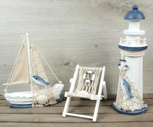 3tlg. Deko Set Leuchtturm, Boot, Liegestuhl Holz blau weiß maritim