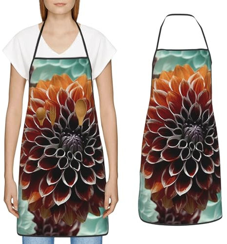 YoupO Kochschürze mit Dahlie-Blumendruck, mit großen Taschen, Küchenschürze, wasserdicht, Arbeitsschürze für Männer und Frauen, Weiss/opulenter Garten, Einheitsgröße