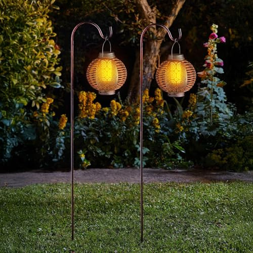 Garden Mile Solar-LED-Laternen zum Aufhängen, Beleuchtung für den Garten, mit Flammeneffekt, 2 Stück für Outdoor-Hängeleuchten mit Haken, 2 Stück