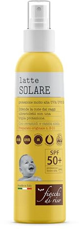 Fiocchi di Riso - Latte SOLARE 50+ - 140ml - PROTEZIONE SOLARE - SPF 50+ - Ideale per difendere la cute dai raggi ultravioletti con una tripla protezione, Con ceramidi e cassia alata. Pack riciclato