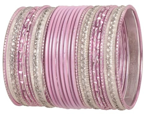 Touchstone NEW Indian Bollywood Handcrafted Laser Cut Grain Work Charming Look Pink Color Silver Sparkles Designer Jewelry Bangle Bracelets Set Of 24 In Silver Tone For Women