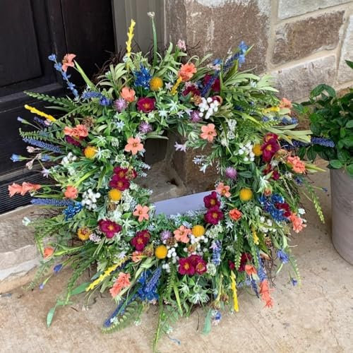 55CM Spring Summer Artificial Daisy Lavender Wreath,Wildflower Summer Silk Wreaths for Front Door Home Wall Wedding Festival Farmhouse Holiday Decor (Green-55cm)