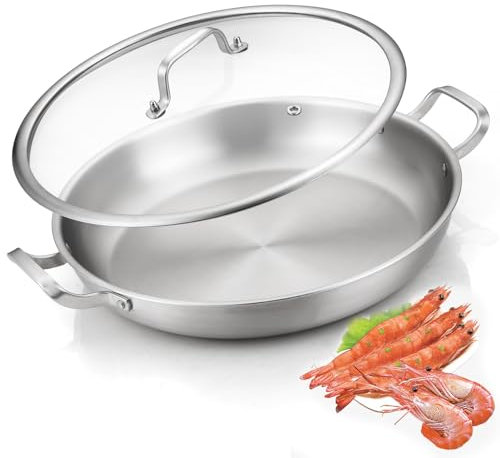 Yeksum Paellera de acero inoxidable de tres capas de 13 pulgadas, sartén grande, sartén grande con tapa, olla jumbo, sartén de inducción, sartenes, horno de inducción y lavavajillas