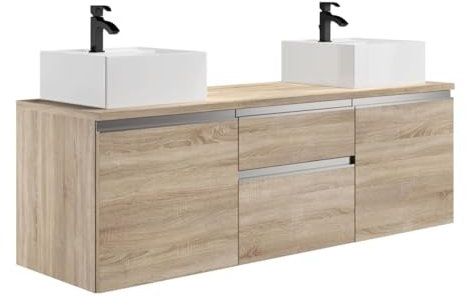 Vente-unique - Mueble de baño con Doble Lavabo Jimena - L 150cm x A 50cm x H 46cm - melamina - Color Natural Claro
