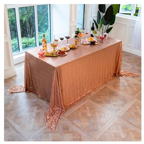 Lieson Rechteckige Tischdecken 230x335 cm, Polyester Tischtuch Abwaschbar Einfarbige Pailletten Glitzer Tischdecke für Küchentisch und Outdoor Tischtuch, Rosegold