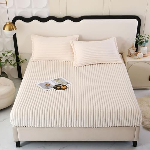 SASIGAYA Spannbettlaken Weiß 180×200cm Flanell Spannbetttuch Winter Plüsch Fleece Spannbetttucher Superweiches Matratzenschoner Flauschig Warme Bettlaken für Boxspringbett Topper Matratzen bis 25cm