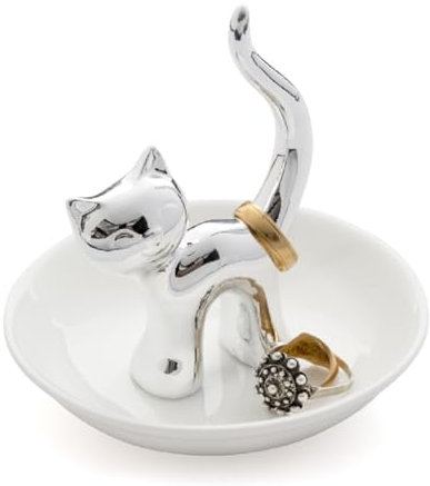 WESTCRAFT Ringhalter Schale Ablage Organizer für Ringe und Schmuck | Schmuckhalter Schmucktablett Ringständer für Ringe, Ketten, Armbänder (Gatto silber (Katze))