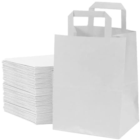 SMART BUYS White Kraft Paper Gift Bags with Flat Handles | Eco-Friendly, Reusable Bags for Gifts, Parties, Shopping, Packaging, and Weddings (50, Small (7x8.5x3.5”))