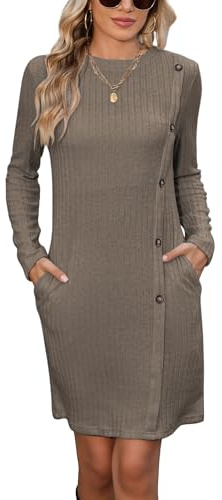 Famulily Womens Long Sleeve Casual Jumper Dress Comfy A-Line Side Button Tunic Dress Knitted Knee Length with Pockets Coffee S
