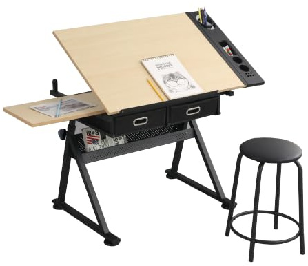 Kelligo Adjustable Drafting Table, Adjustable Drawing Drafting Table Desk with 2 Drawers for Home Office and School with Stool (White Oak)