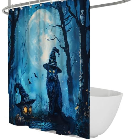 FEIPUHOME Art Halloween-Thema Duschvorhang Schwarze Katze Horror Hölzer Muster Badevorhänge Set mit C-förmigen Haken Bauernhaus Badezimmer Dekoration W150xL200(cm)